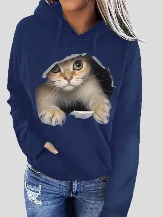 Women's Hoodies Cat Print Pocket Long Sleeve Hoodie - LuckyFash™
