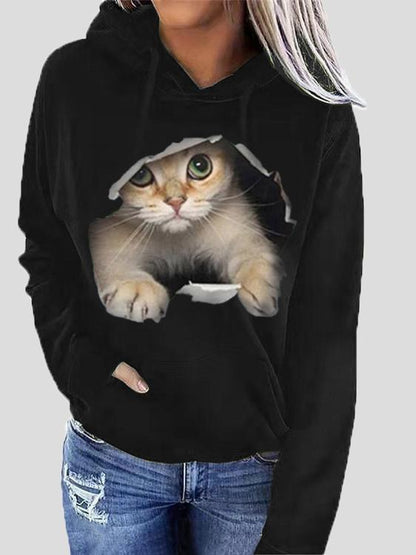 Women's Hoodies Cat Print Pocket Long Sleeve Hoodie - LuckyFash™
