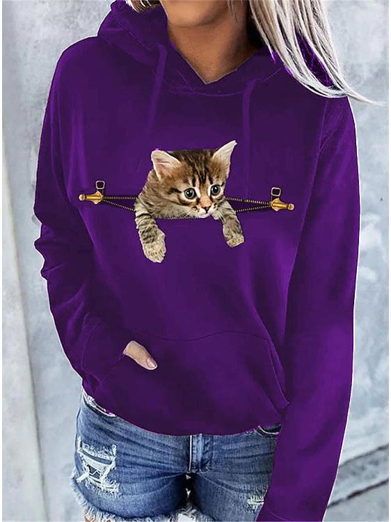 Women's Hoodies Cat Print Pocket Long Sleeve Hoodie - LuckyFash™