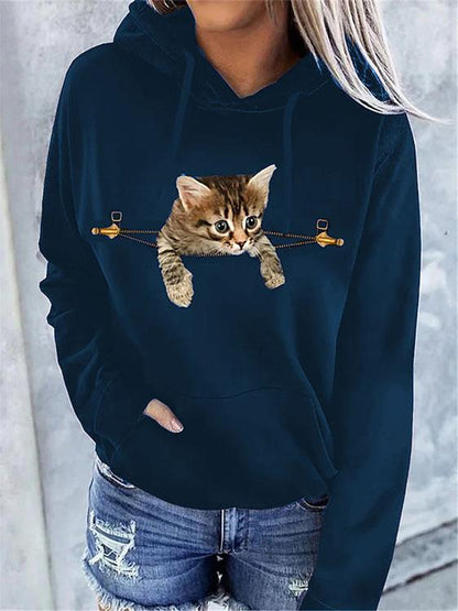 Women's Hoodies Cat Print Pocket Long Sleeve Hoodie - LuckyFash™