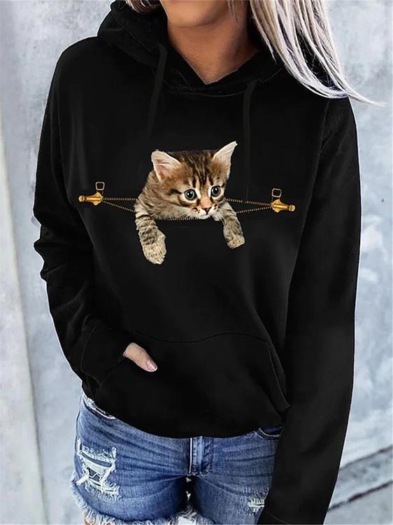 Women's Hoodies Cat Print Pocket Long Sleeve Hoodie - LuckyFash™