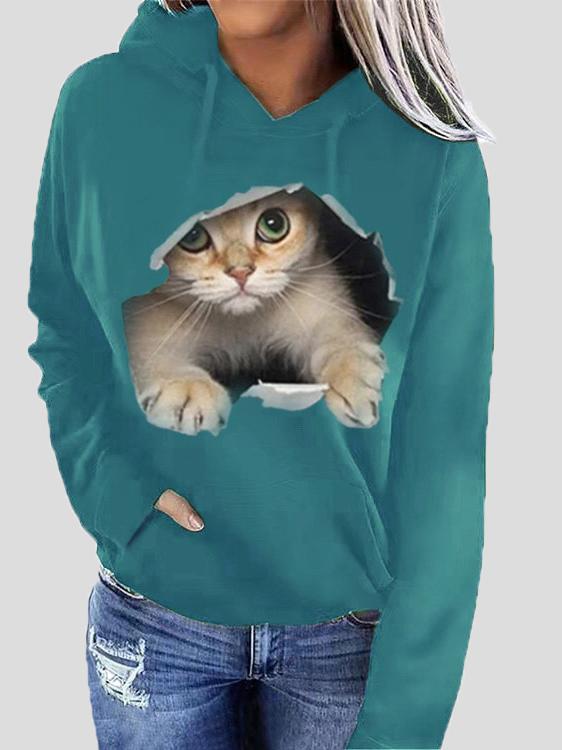 Women's Hoodies Cat Print Pocket Long Sleeve Hoodie - LuckyFash™
