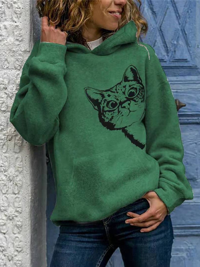 Women's Hoodies Cat Print Pocket Long Sleeve Hoodie - LuckyFash™