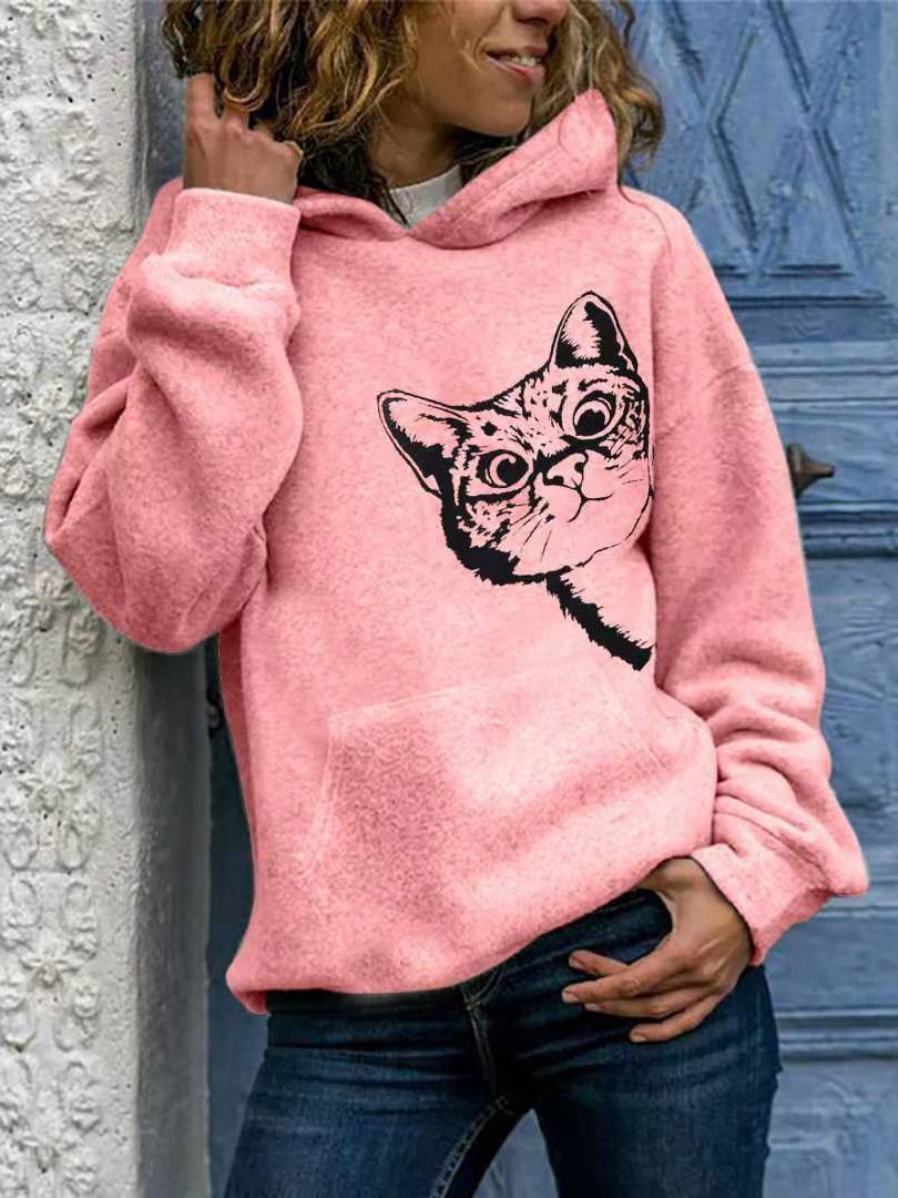 Women's Hoodies Cat Print Pocket Long Sleeve Hoodie - LuckyFash™
