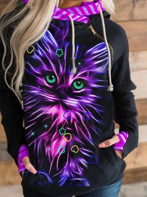 Women's Hoodies Cat Print Zip Pocket Long Sleeve Hoodie - LuckyFash™