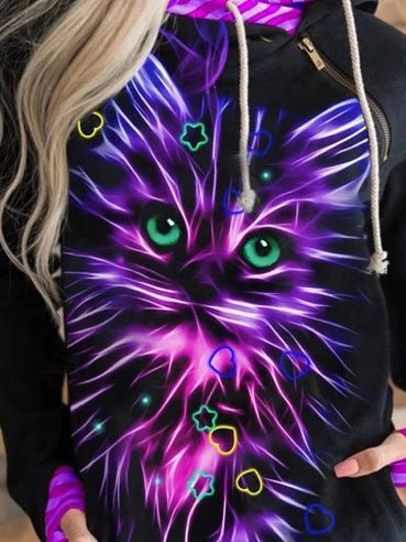 Women's Hoodies Cat Print Zip Pocket Long Sleeve Hoodie - LuckyFash™
