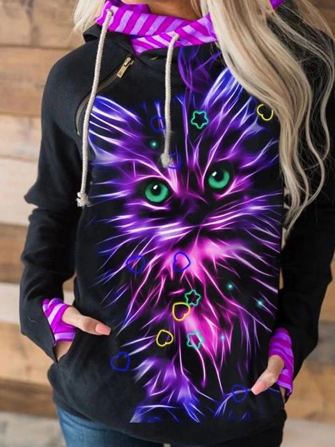 Women's Hoodies Cat Print Zip Pocket Long Sleeve Hoodie - LuckyFash™