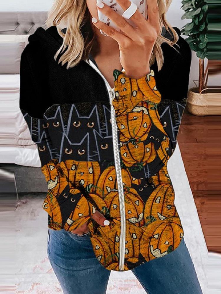 Women's Hoodies Cat Pumpkin Print Long Sleeve Zip Hoodie - LuckyFash™