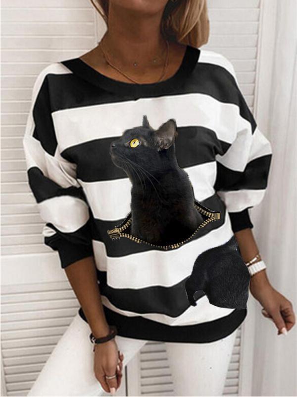 Women's Hoodies Cat Stripe Print Round Neck Long Sleeve Hoodie - LuckyFash™