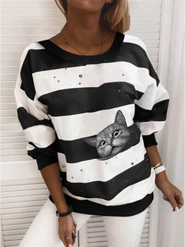 Women's Hoodies Cat Stripe Print Round Neck Long Sleeve Hoodie - LuckyFash™