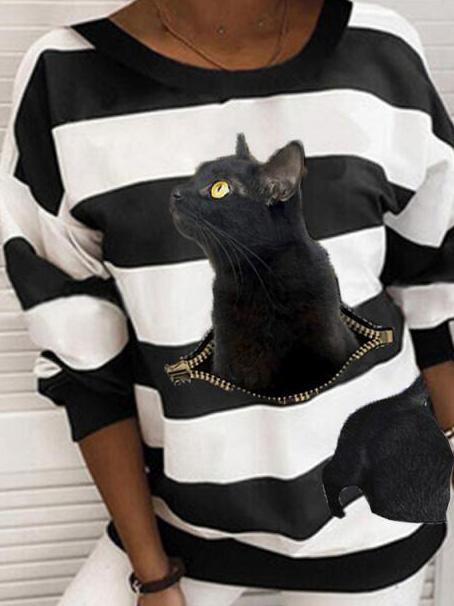 Women's Hoodies Cat Stripe Print Round Neck Long Sleeve Hoodie - LuckyFash™