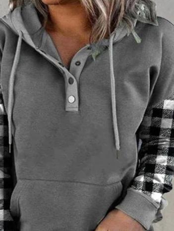Women's Hoodies Check Drawstring Button Pocket Hoody - LuckyFash™
