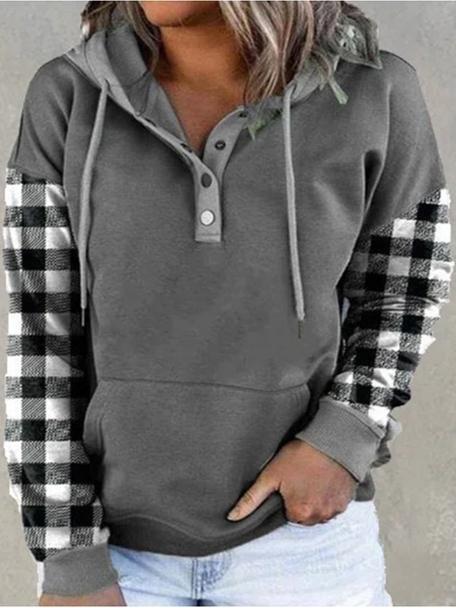 Women's Hoodies Check Drawstring Button Pocket Hoody - LuckyFash™