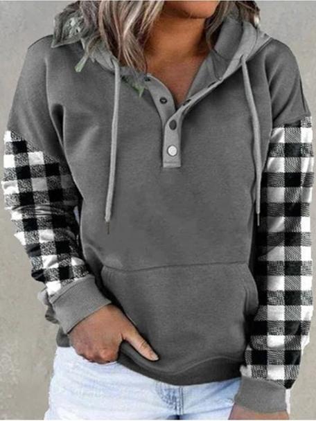 Women's Hoodies Check Drawstring Button Pocket Hoody - LuckyFash™