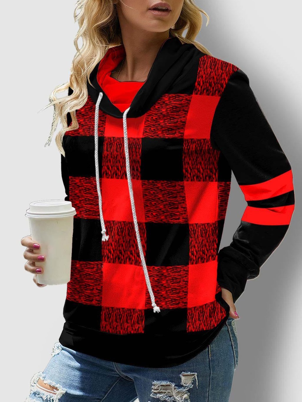Women's Hoodies Check Printed Long Sleeve High Neck Drawstring Hoodie - LuckyFash™
