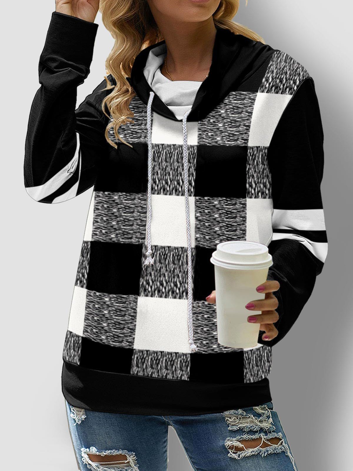 Women's Hoodies Check Printed Long Sleeve High Neck Drawstring Hoodie - LuckyFash™