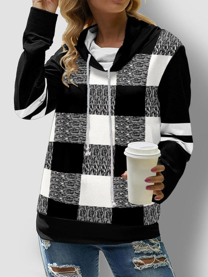 Women's Hoodies Check Printed Long Sleeve High Neck Drawstring Hoodie - LuckyFash™