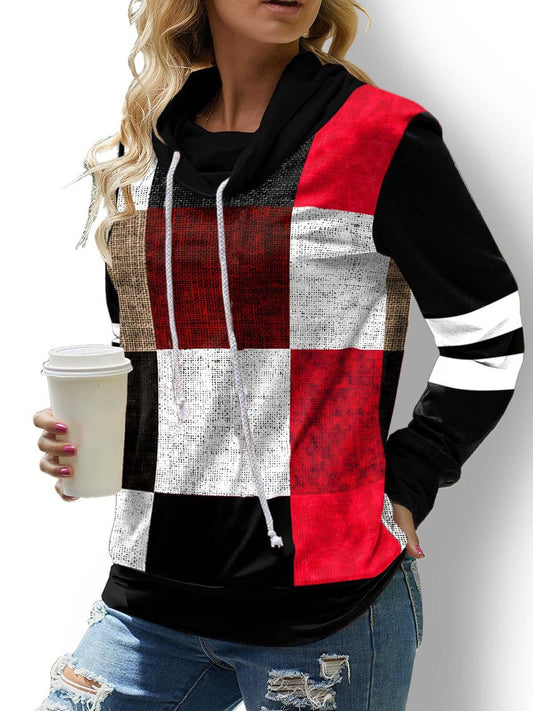 Women's Hoodies Check Printed Long Sleeve High Neck Drawstring Hoodie - LuckyFash™