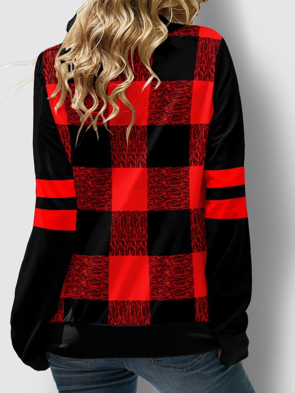 Women's Hoodies Check Printed Long Sleeve High Neck Drawstring Hoodie - LuckyFash™