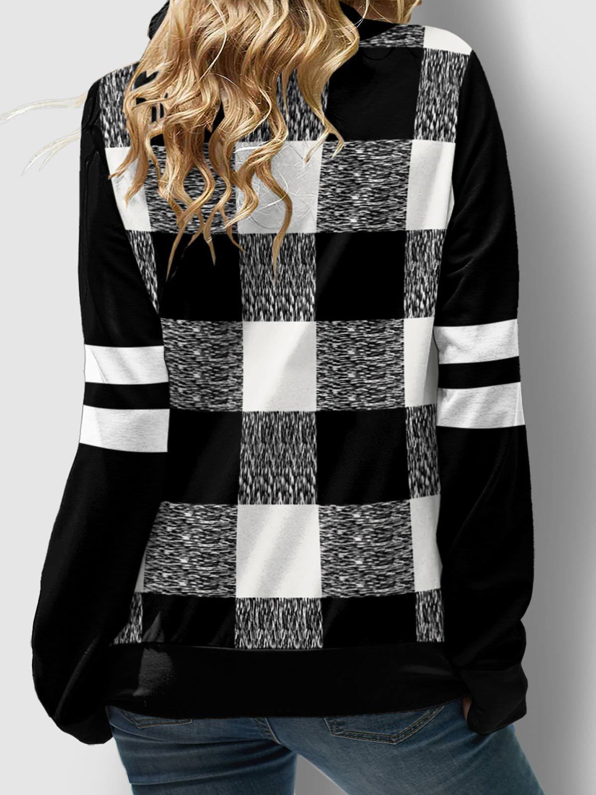 Women's Hoodies Check Printed Long Sleeve High Neck Drawstring Hoodie - LuckyFash™
