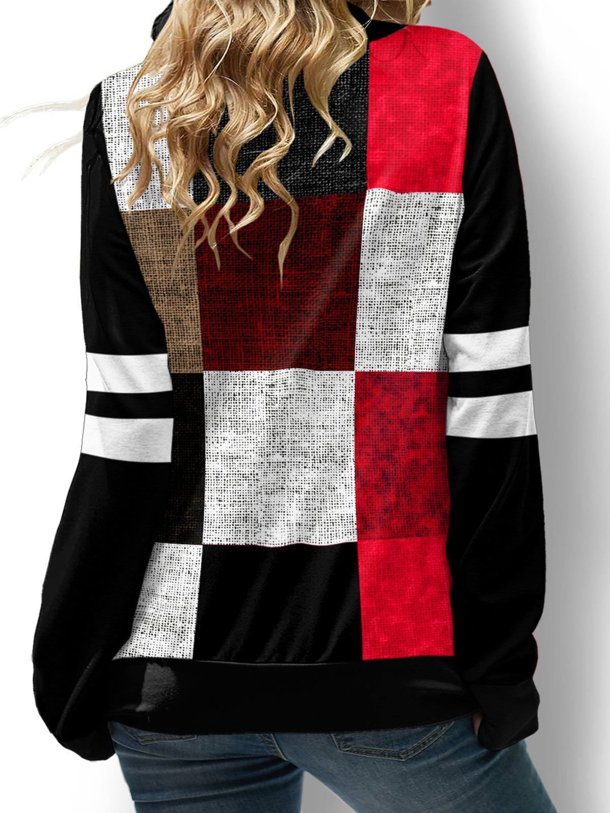 Women's Hoodies Check Printed Long Sleeve High Neck Drawstring Hoodie - LuckyFash™