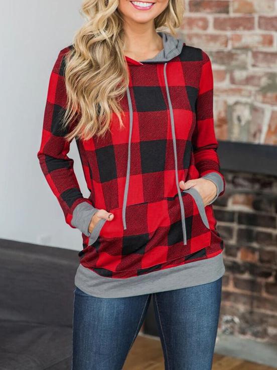Women's Hoodies Check Printed Pocket Long Sleeve Hoodie - LuckyFash™