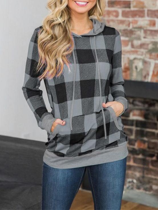 Women's Hoodies Check Printed Pocket Long Sleeve Hoodie - LuckyFash™