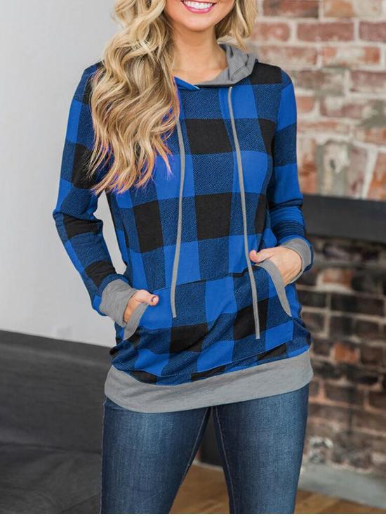 Women's Hoodies Check Printed Pocket Long Sleeve Hoodie - LuckyFash™
