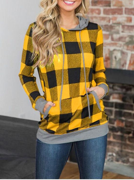 Women's Hoodies Check Printed Pocket Long Sleeve Hoodie - LuckyFash™