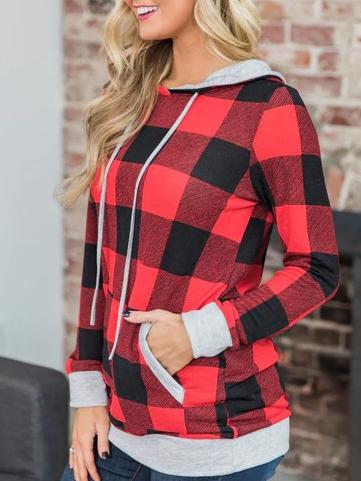 Women's Hoodies Check Printed Pocket Long Sleeve Hoodie - LuckyFash™