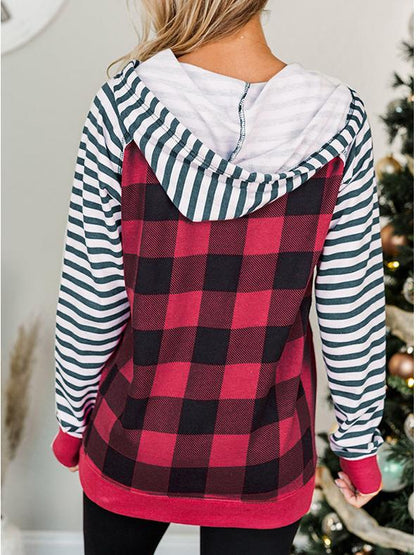 Women's Hoodies Check Stripe Panel Pocket Hoody - LuckyFash™