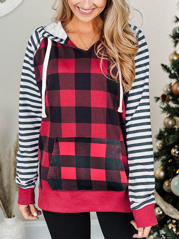 Women's Hoodies Check Stripe Panel Pocket Hoody - LuckyFash™