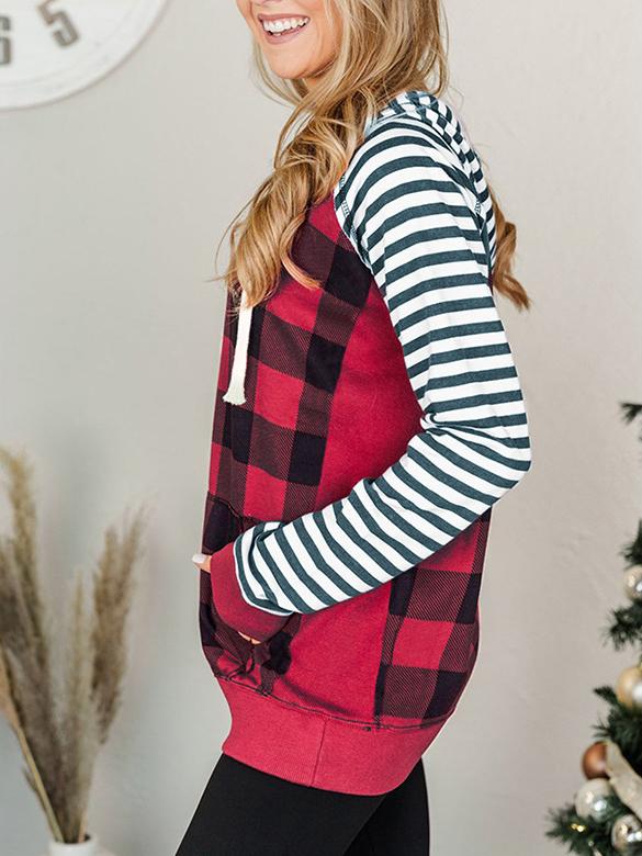 Women's Hoodies Check Stripe Panel Pocket Hoody - LuckyFash™