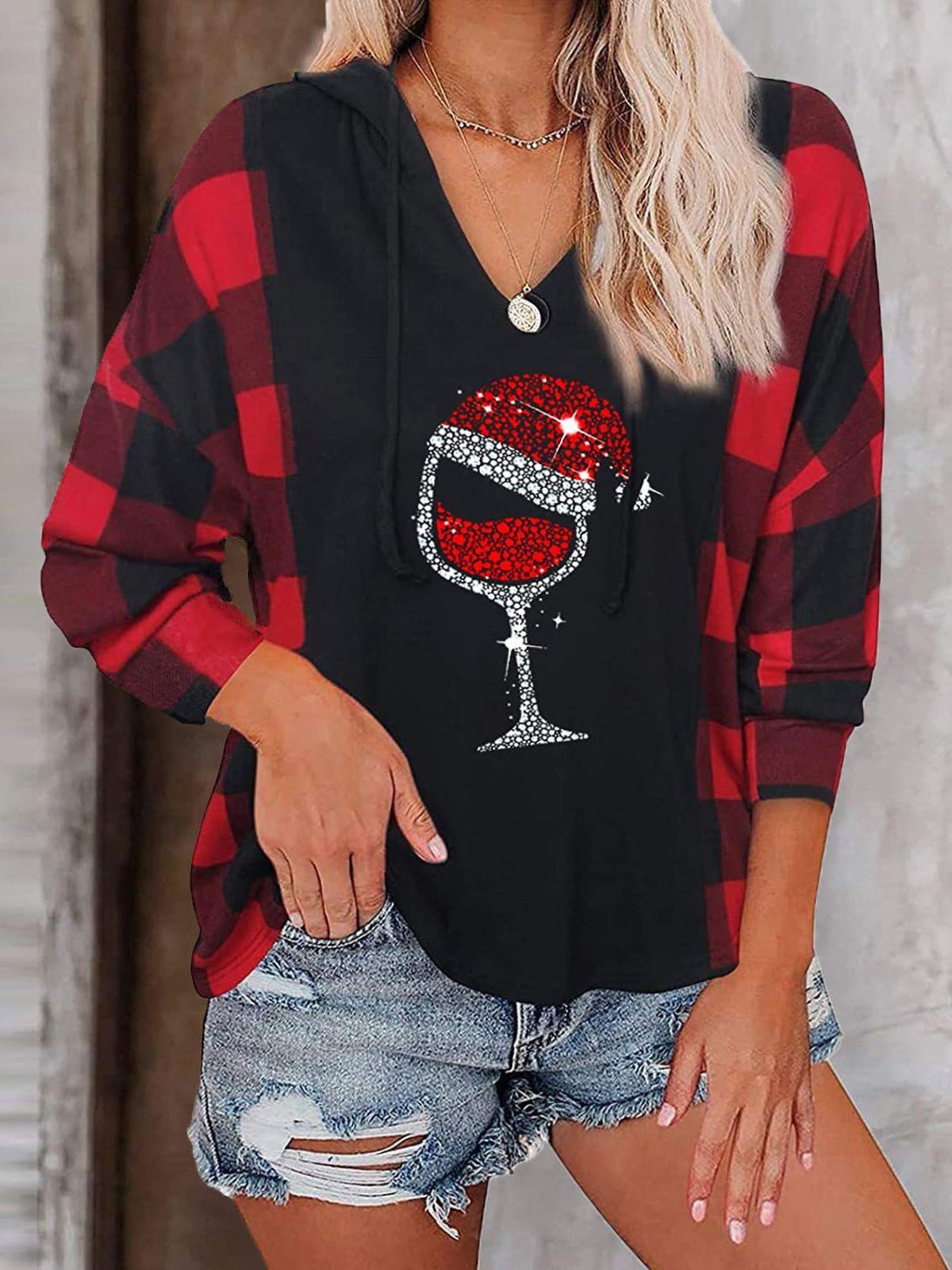Women's Hoodies Check Wineglass V-Neck Long Sleeve Hoody - LuckyFash™