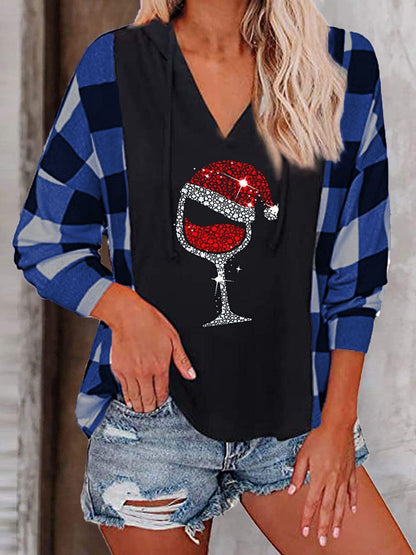 Women's Hoodies Check Wineglass V-Neck Long Sleeve Hoody - LuckyFash™