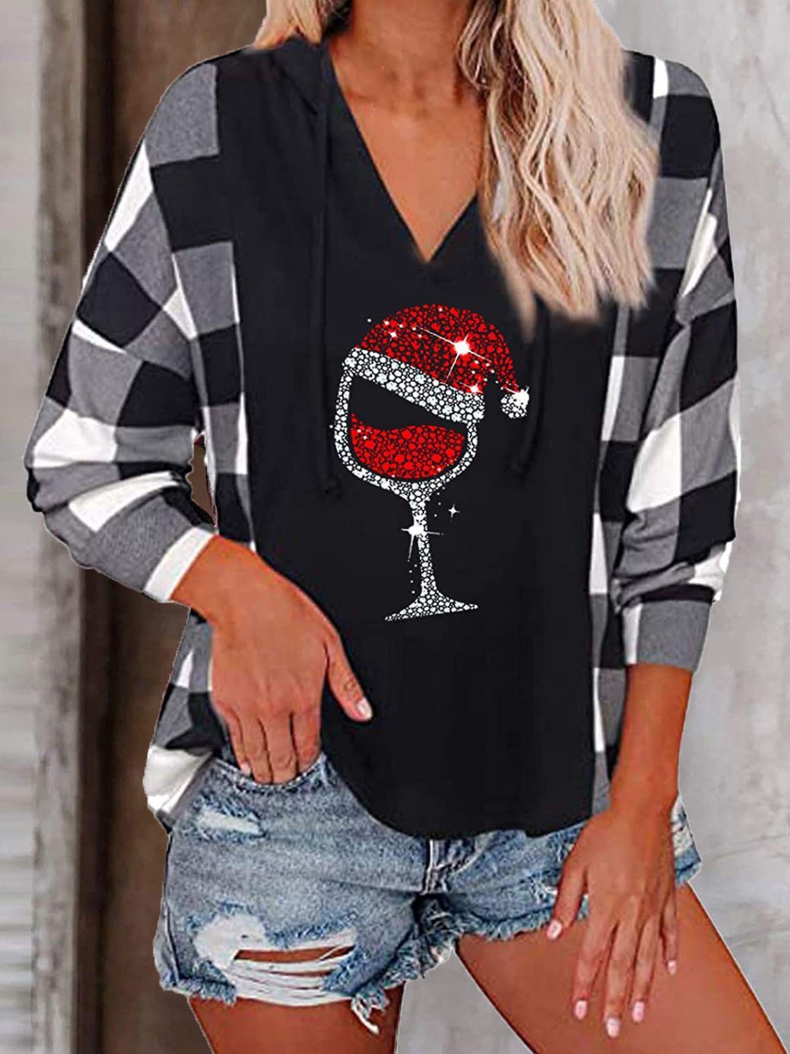 Women's Hoodies Check Wineglass V-Neck Long Sleeve Hoody - LuckyFash™