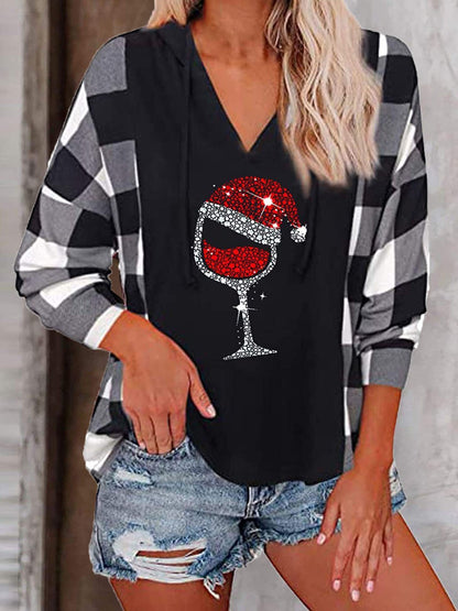 Women's Hoodies Check Wineglass V-Neck Long Sleeve Hoody - LuckyFash™