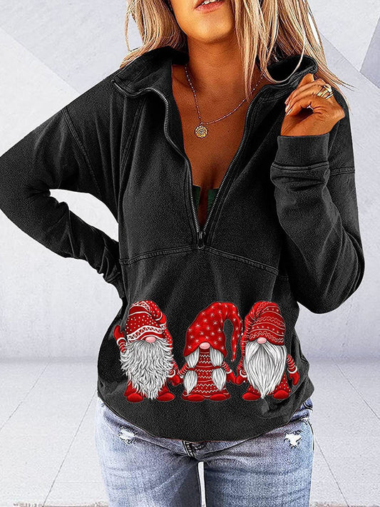 Women's Hoodies Christmas Dwarf Print Zipper Stand Collar Long Sleeve Hoodie - LuckyFash™