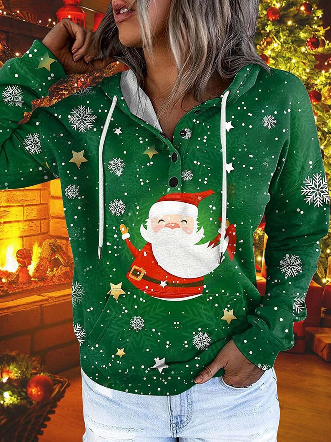 Women's Hoodies Christmas Printed Pocket Button Long Sleeve Hoodie - LuckyFash™