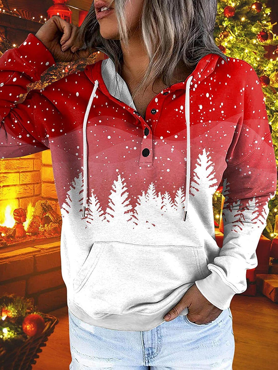 Women's Hoodies Christmas Printed Pocket Button Long Sleeve Hoodie - LuckyFash™