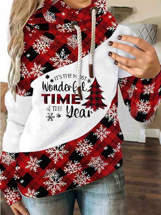 Women's Hoodies Christmas Snowflake Check Drawstring Long Sleeve Hoodie - LuckyFash™