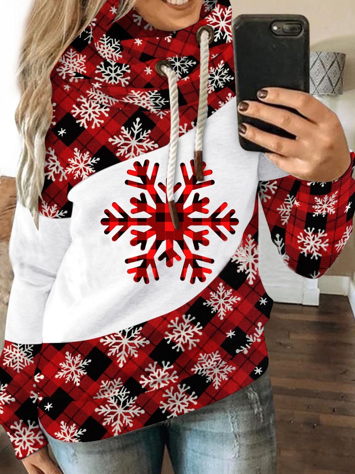 Women's Hoodies Christmas Snowflake Check Drawstring Long Sleeve Hoodie - LuckyFash™