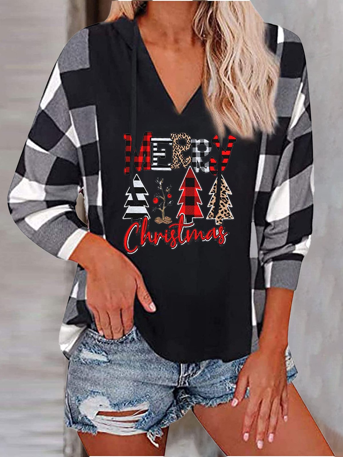 Women's Hoodies Christmas Tree Plaid Long Sleeve Hoodie - LuckyFash™