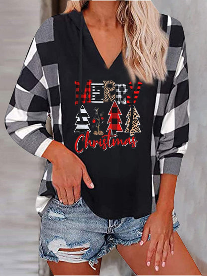 Women's Hoodies Christmas Tree Plaid Long Sleeve Hoodie - LuckyFash™