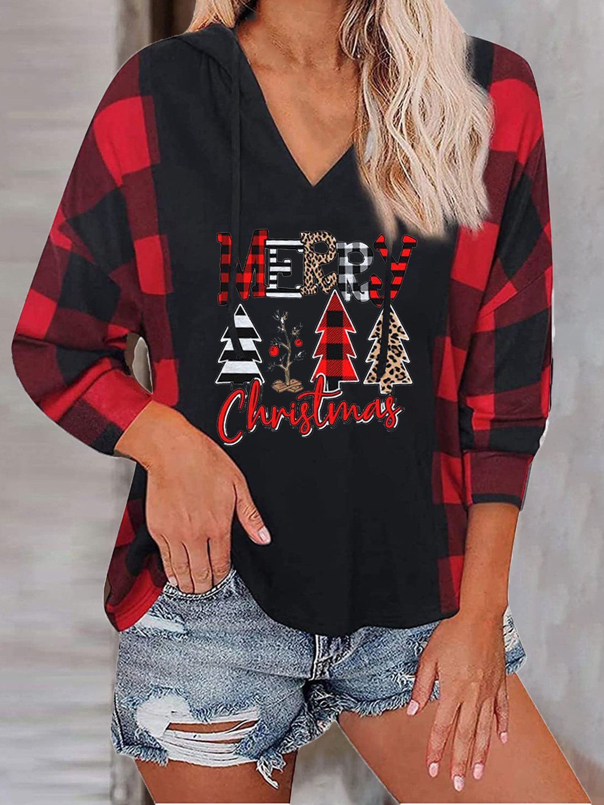 Women's Hoodies Christmas Tree Plaid Long Sleeve Hoodie - LuckyFash™