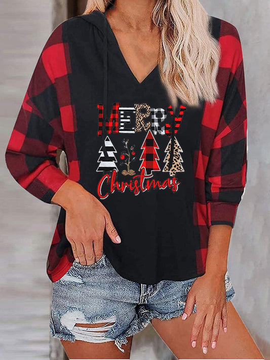 Women's Hoodies Christmas Tree Plaid Long Sleeve Hoodie - LuckyFash™