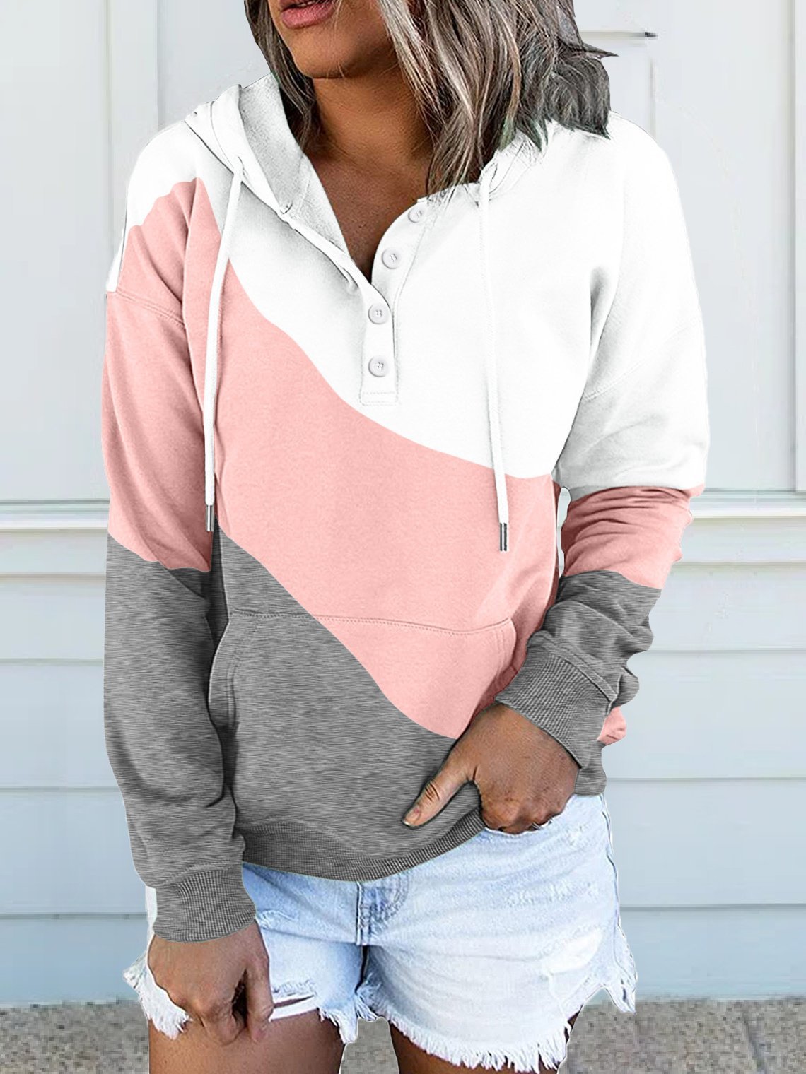 Women's Hoodies Colorblock Pocket Long Sleeve Button Hoodie - LuckyFash™
