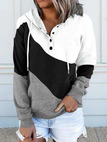 Women's Hoodies Colorblock Pocket Long Sleeve Button Hoodie - LuckyFash™
