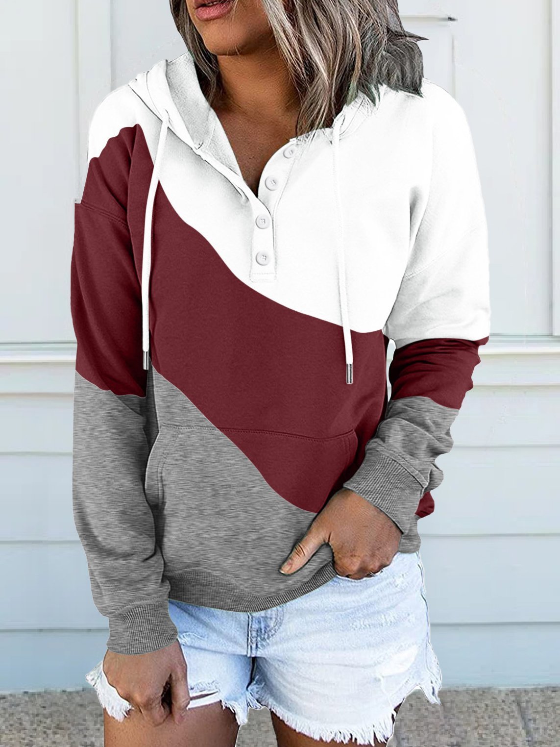 Women's Hoodies Colorblock Pocket Long Sleeve Button Hoodie - LuckyFash™