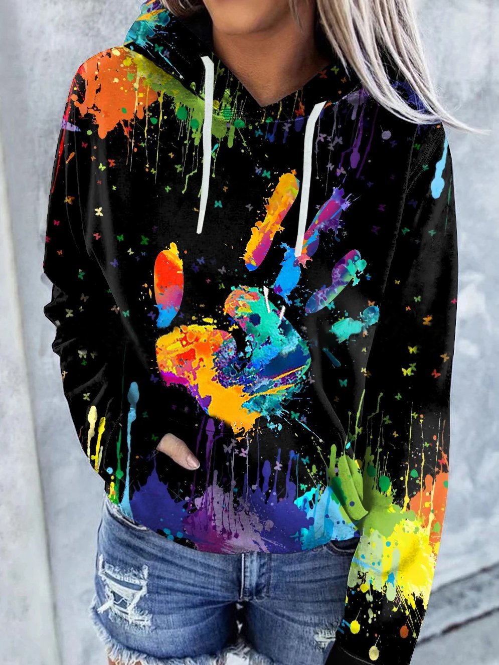 Women's Hoodies Colorful Palm Print Pocket Drawstring Hoodie - LuckyFash™